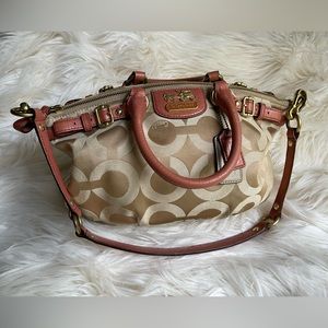 Coach Madison Op Art Sateen Sophia Satchel in Gold and Coral